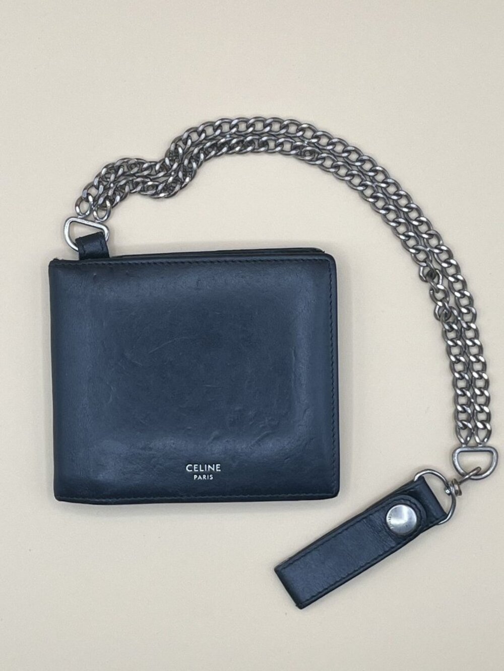 Celine Paris Black Leather Bifold Wallet On Chain Silver Chunky Chain Strap
